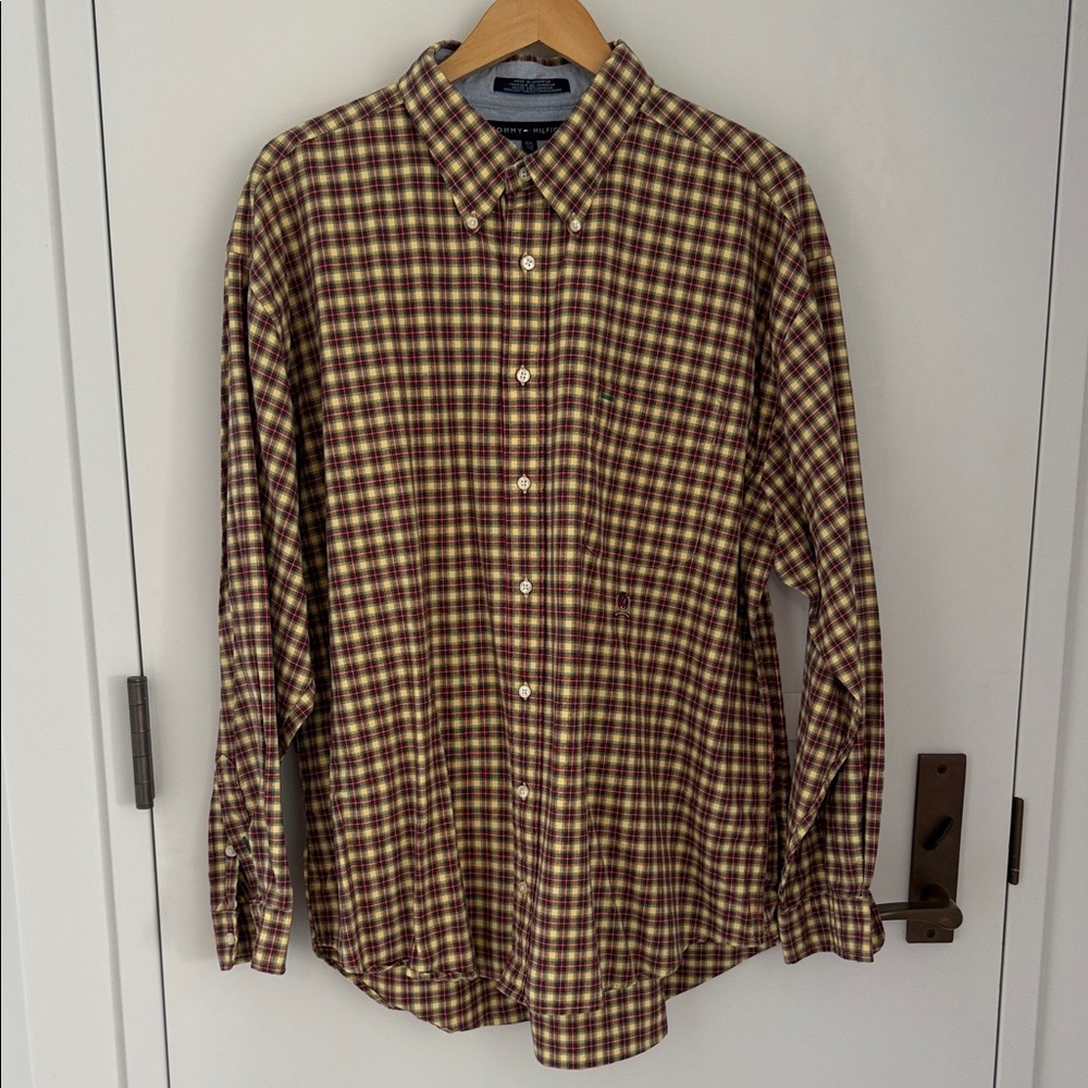 Vintage Tommy Hilfiger Yellow, Red, Black Plaid Button Down Men's Shirt
